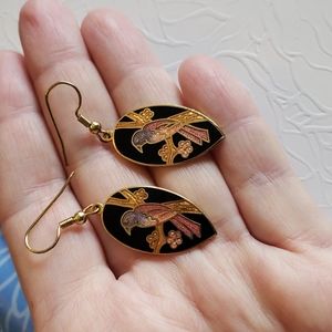Vintage Enamel Painted Dangle Earrings Bird Design